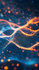 Aufkleber - Abstract blue and orange digital landscape with glowing particles forming waves and floating in a dark background