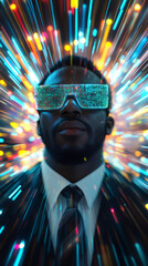 Aufkleber - Businessman wearing futuristic glasses experiencing virtual reality and surrounded by colorful lights trails