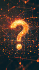 Fototapete - Bright question mark made of light particles floating in a digital cyberspace network, suggesting uncertainty in the digital age