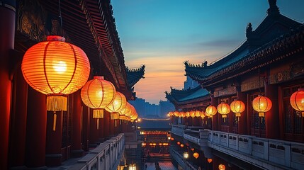 Illuminated lanterns line a historic Chinese street at dusk.
