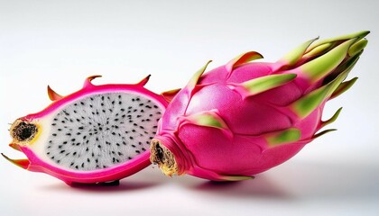 fresh pink dragon fruit cut open with seeds isolated on white