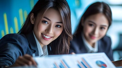 Poster - Two confident and successful young Asian business professionals collaborating and reviewing financial data charts and statistics during a meeting or presentation in the office