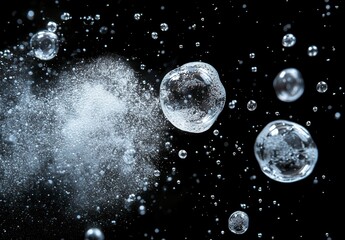 Poster - High-Definition Close-Up of Water Droplets and Bubbles Against a Dark Background Creating an Abstract Visual Effect with Sparkling Highlights and Liquid Texture