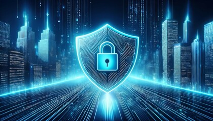 digital shield with glowing binary code over futuristic skyscrapers in a dark cyber city concept of cybersecurity data protection and technology