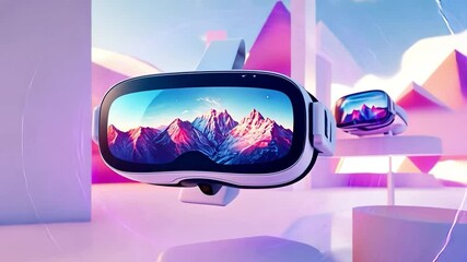 Poster - Virtual Reality Headset Showcase: A sleek, modern VR headset displays a breathtaking mountain landscape, showcasing immersive virtual reality technology against a vibrant, abstract background.