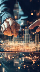 Poster - Architect interacting with a holographic projection of a futuristic smart city on a digital tablet, highlighting innovation and technology