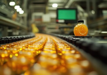 Poster - Production line of vibrant orange beverage bottles moving along a conveyor, showcasing automated manufacturing process in a modern factory environment.