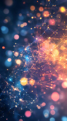 Fototapete - Complex network of interconnected glowing nodes and colorful bokeh lights forming an abstract plexus structure