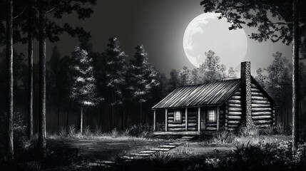 Wall Mural - Peaceful Moonlight Log Cabin in the Woods