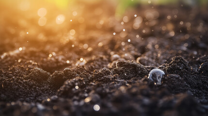 a small white object is sitting on a patch of dirt