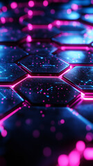 Fototapete - Glowing hexagons forming a futuristic technological surface with blue and purple lights and bokeh effect