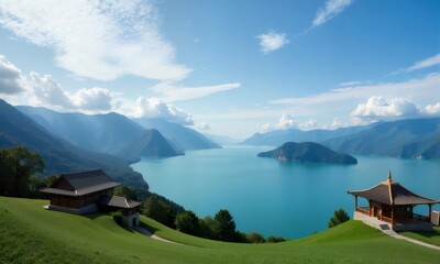 Wall Mural - Mountain lake view with pagodas, serene landscape.