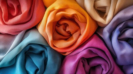 Poster - A bunch of colorful fabric rolls are arranged in a flower shape