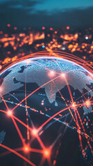 Aufkleber - Red lines connecting different parts of the world, symbolizing global communication and international relations, with a blurred city in the background