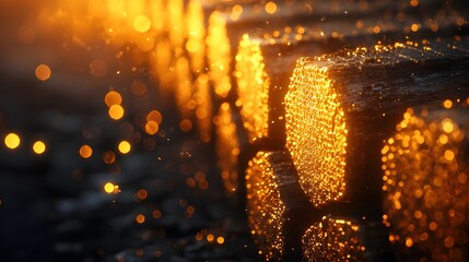 Poster - Warm Golden Light Shining on Textured Wood with Bokeh Effect Creating a Dreamy and Serene Atmosphere in an Outdoor Setting During Golden Hour