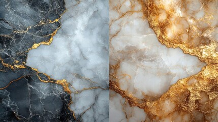 Poster - A stunning split image showcasing contrasting marble textures featuring dark and light surfaces with vibrant gold veining.