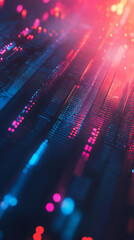 Fototapete - Flowing big data stream on a dark background, enhanced by vibrant blue and pink bokeh effects, creates a futuristic digital atmosphere
