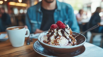 Wall Mural - A man sitting at a bistro table with a large ice cream sundae dessert in a bowl in front of him. The depth of field makes the background blurred. 