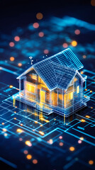 Aufkleber - Hologram representing a house positioned on a circuit board, illustrating the advancements in smart home technology and automation
