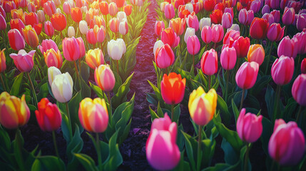 Vibrant tulip fields bloom in a colorful display during a sunny afternoon in spring