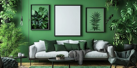 Poster - Cozy green living room with plants and nature-themed decor designed for relaxation and comfort