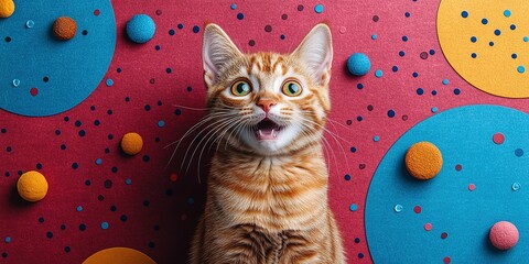 Naklejka na meble Playful ginger cat with bright eyes and open mouth against colorful backdrop of circles and textured balls