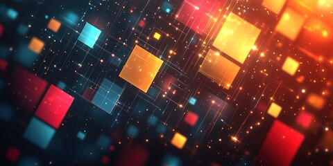 Fototapete - Dynamic pattern of colorful geometric shapes with glowing effects in a digital space