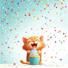 Wall Mural - Happy birthday cat celebrating with cake at a festive party joyful scene colorful atmosphere whimsical viewpoint