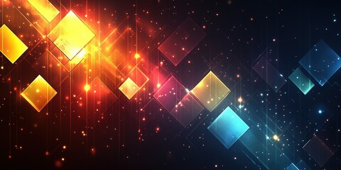 Poster - Colorful geometric shapes create a vibrant digital design with bright hues and sparkling lights in an abstract space