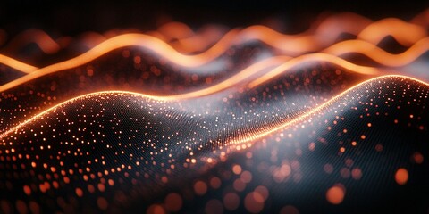 Poster - Dynamic wave patterns with glowing particles create a captivating visual experience in a dark background