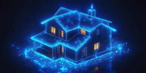 Poster - Digital representation of a modern house illuminated with blue lights in a virtual environment at night