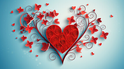 Poster - Valentine's Day greeting card with red heart in floral ornament of love