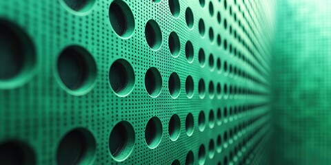 Poster - Textured green wall with perforated circles in an abstract design creating a modern aesthetic