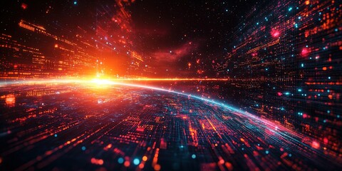 Poster - Digital landscape with vibrant colors and glowing particles at dawn over a futuristic horizon