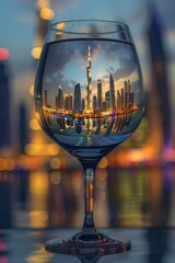 A stunningly detailed and photorealistic wine glass filled with the vibrant cityscape of Dubai