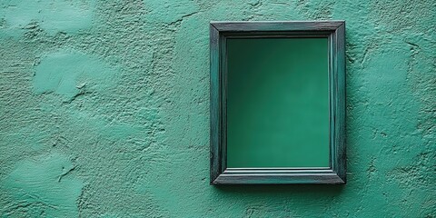 Poster - Decorative empty frame against a textured teal wall in a bright indoor space
