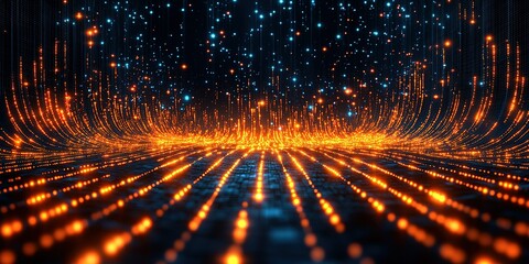 Fototapete - Vibrant digital landscape with glowing orange and blue particles in abstract pattern