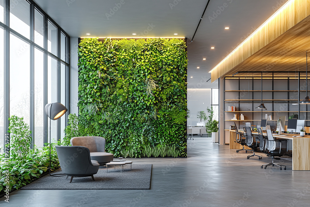 Organic fresh greenery living or office spaces, wall with decorative ...