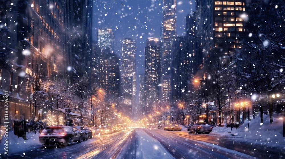 Snowy City Street at Night with Bright Lights Stock Illustration ...