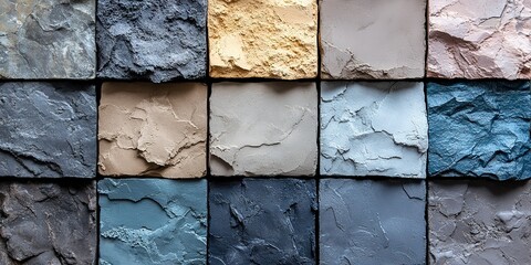 Poster - Variety of textured stone tiles arranged in a grid pattern showcasing different colors and finishes for interior design use