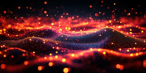 Poster - Visual representation of glowing particles creating waves of light in a dark environment