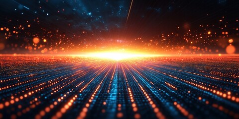 Fototapete - Dynamic glowing patterns create an immersive visual experience in a digital landscape at night