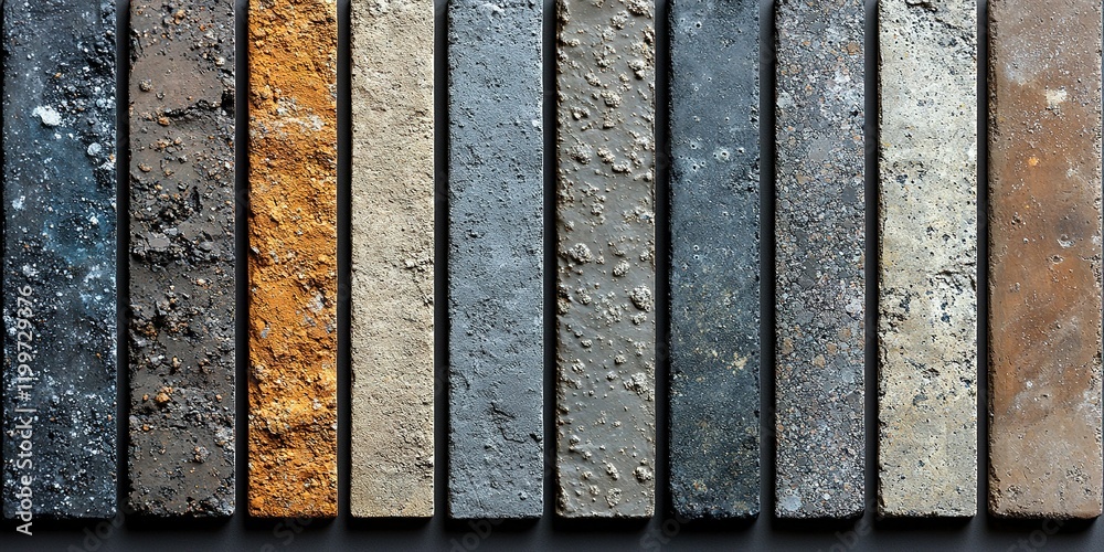 Variety of textured stone and concrete samples arranged in a row ...