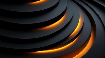Poster - A modern abstract design featuring layered, curved black surfaces illuminated by warm orange light.