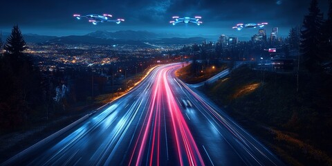 Poster - Modern city skyline illuminated at night with drones hovering above a busy highway