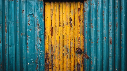 Aufkleber - A vibrant yellow door, worn and textured, captures attention amid a backdrop of blue corrugated metal. The weathered surface suggests age and character in this unique setting