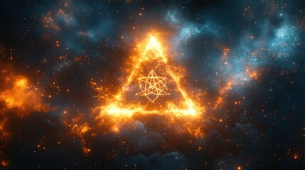 Wall Mural - Fiery triangle, cosmic symbol, nebula background.