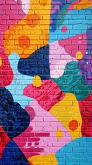 Poster - Bold and colorful shapes intermingle on a brick wall, infusing the urban landscape with creativity. This dynamic artwork captures the essence of street art culture, celebrating vibrant expression