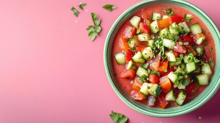 Poster - colorful photo of bowl of gazpacho garnished with diced vegetables placed on vibrant pink solid background with ample