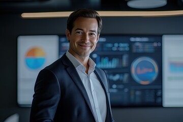 Poster - confident businessman standing in front of data dashboard in modern office setting smiling directly at camera